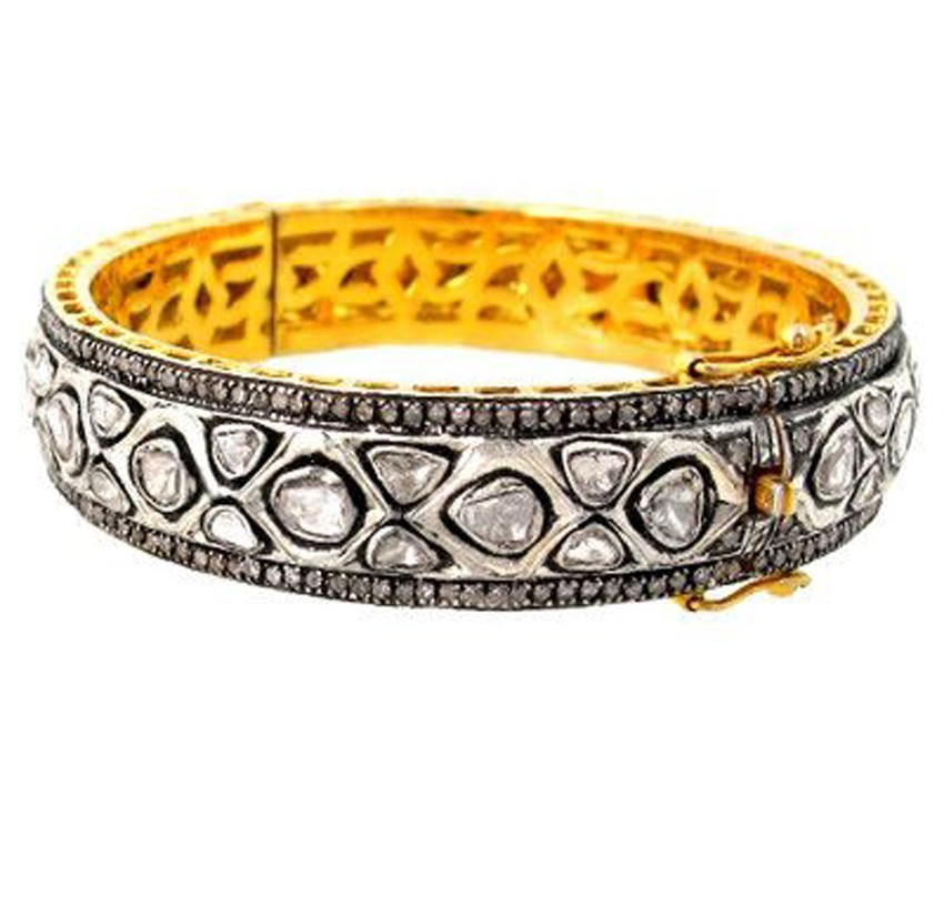 Natural Rosecut Diamond Uncut Polki 925 Sterling Silver Victorian Bangle