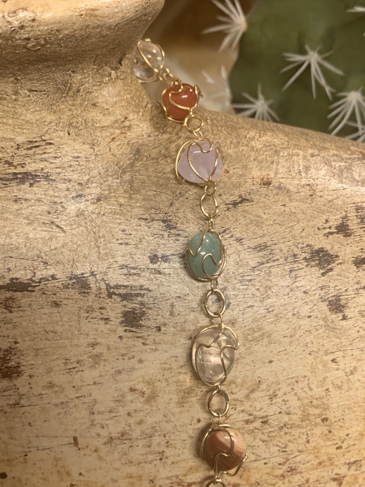 Gold & Natural Gemstone Cage Necklace 24 Inches Vintage