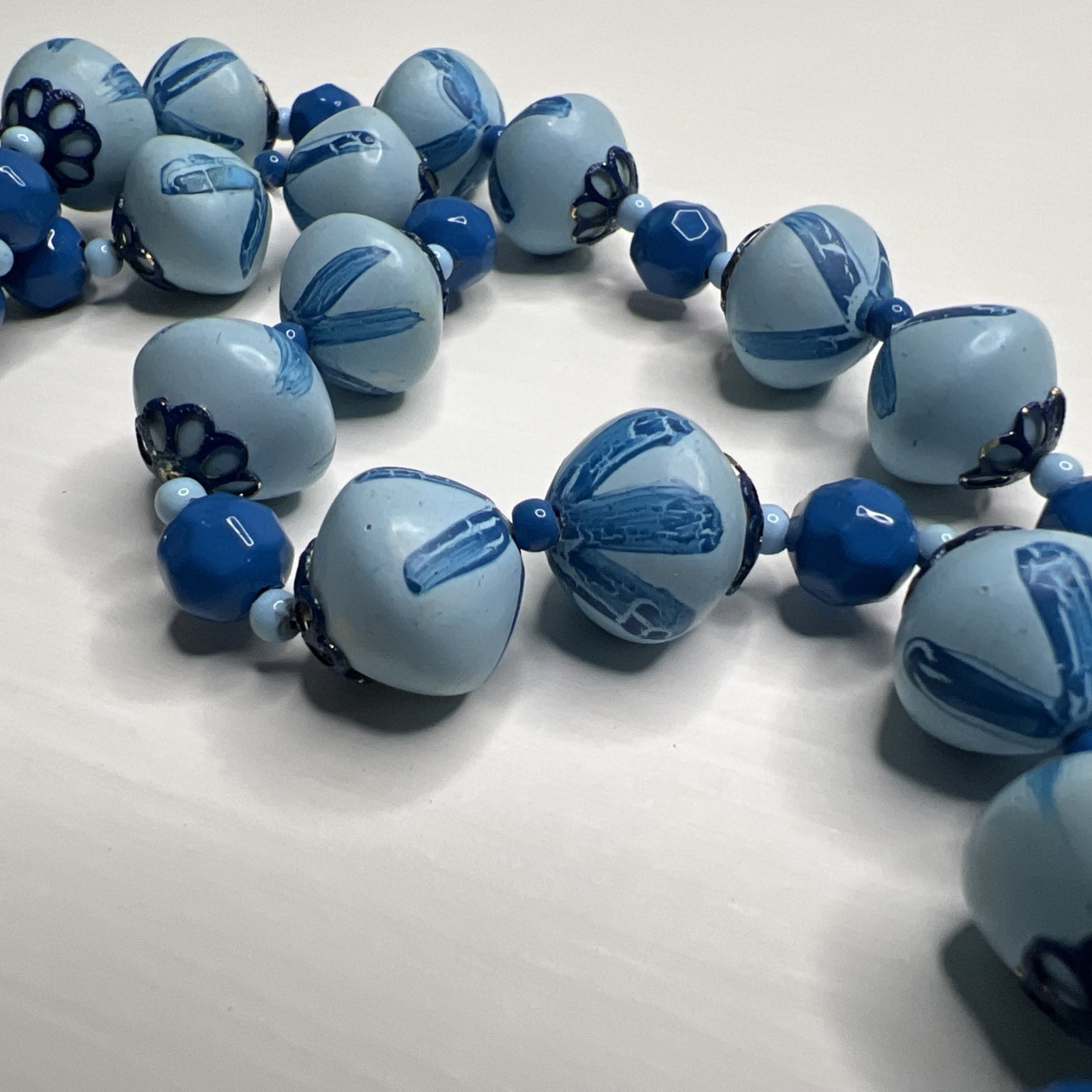 Hong Kong Blue Painted Bead Double Strand Necklace Box Tab Clasp