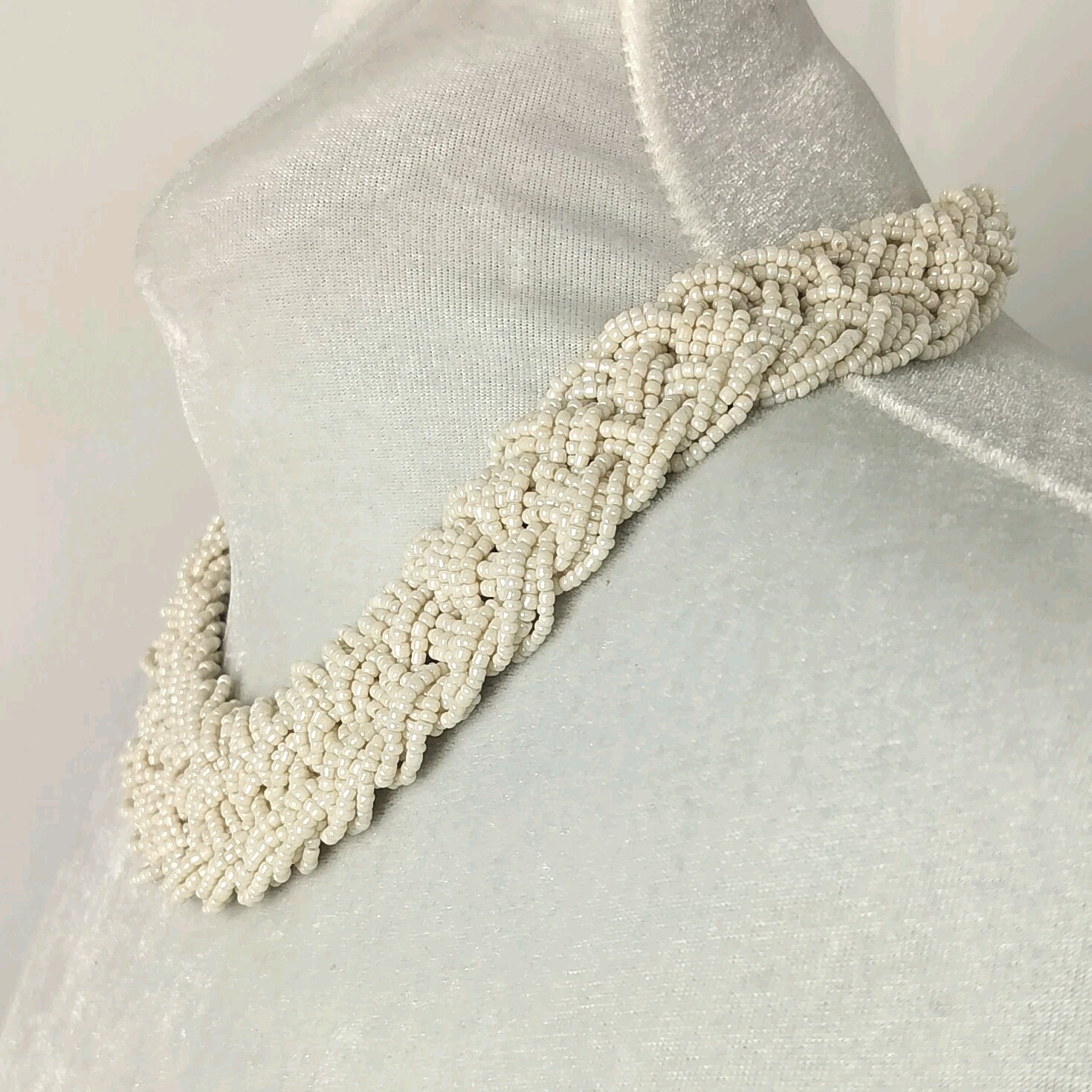 60s – 80s Vintage Braided Off White / Cream Chunky Seed Bead Necklace Est 18″