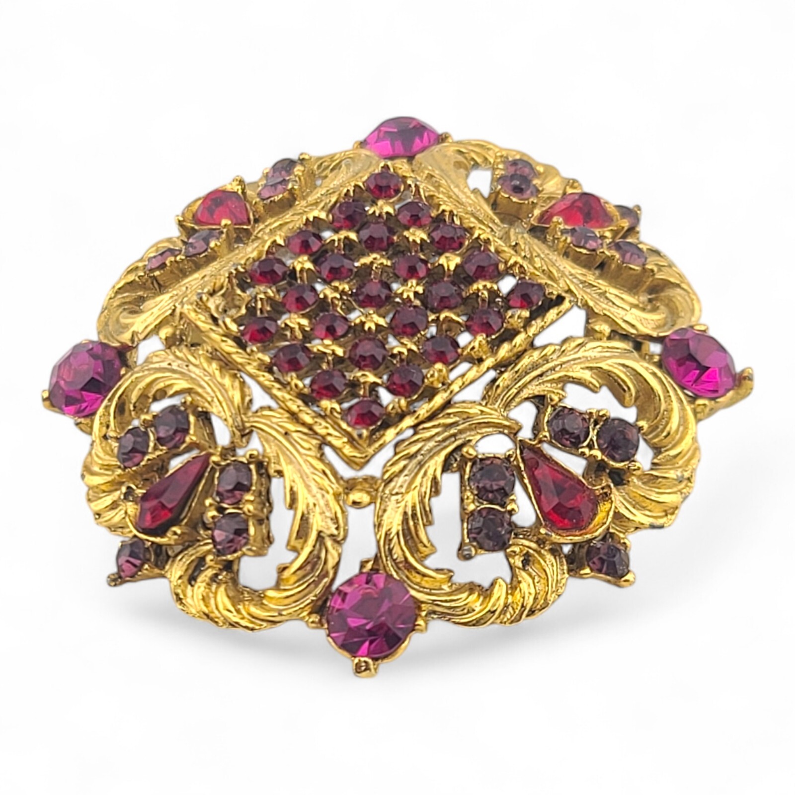 Vintage Sphinx Fuchsia Shades Of Pink Red Brooch Gold Tone Rhinestone Pin