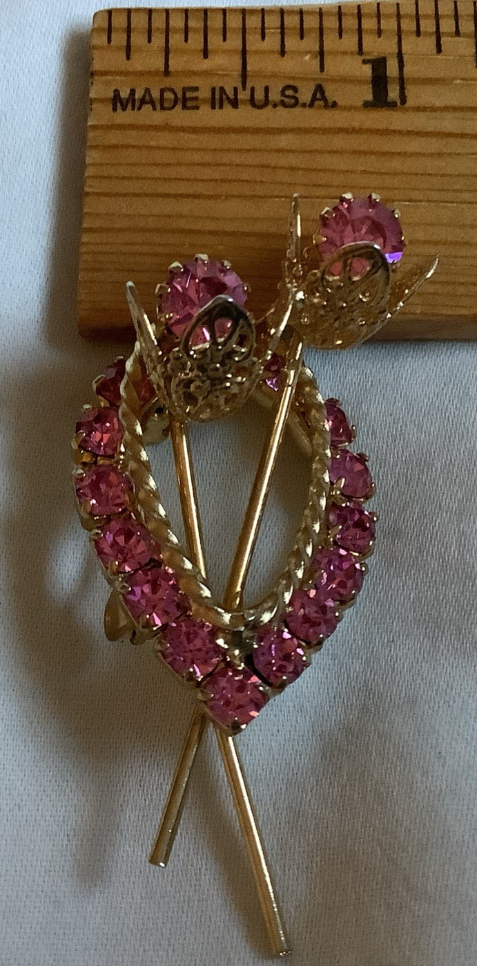 Vintage Goldtone & Pink Rhinestone Flowers Pin Brooch Approximately 1″ x 2″