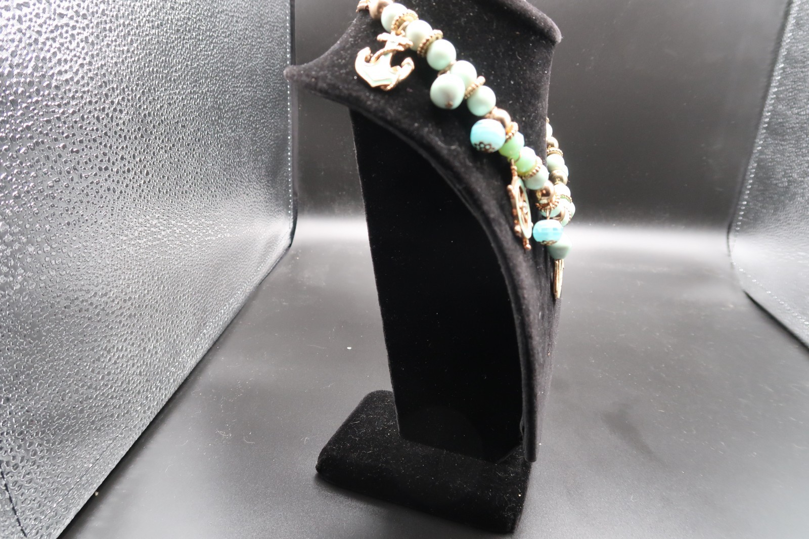 Vtg Nautical Beaded Charm Station Necklace Anchor Ship Wheel Teal & White Enamel