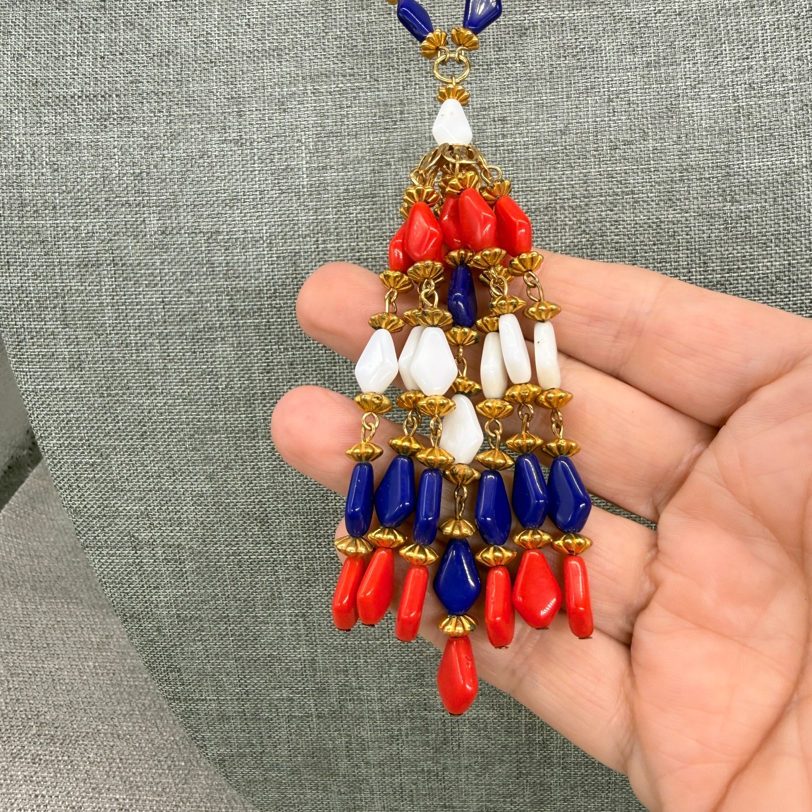 Vintage Necklace Tassel Dangles Red Blue White Acrylic Beads Retro 24 Inches
