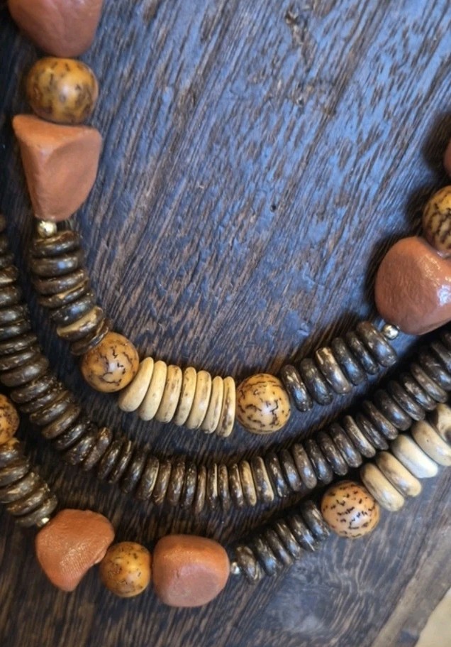 Vtg Artisan Handcrafted Triple Strand Earth Tone Beaded Necklace, Hook Closure