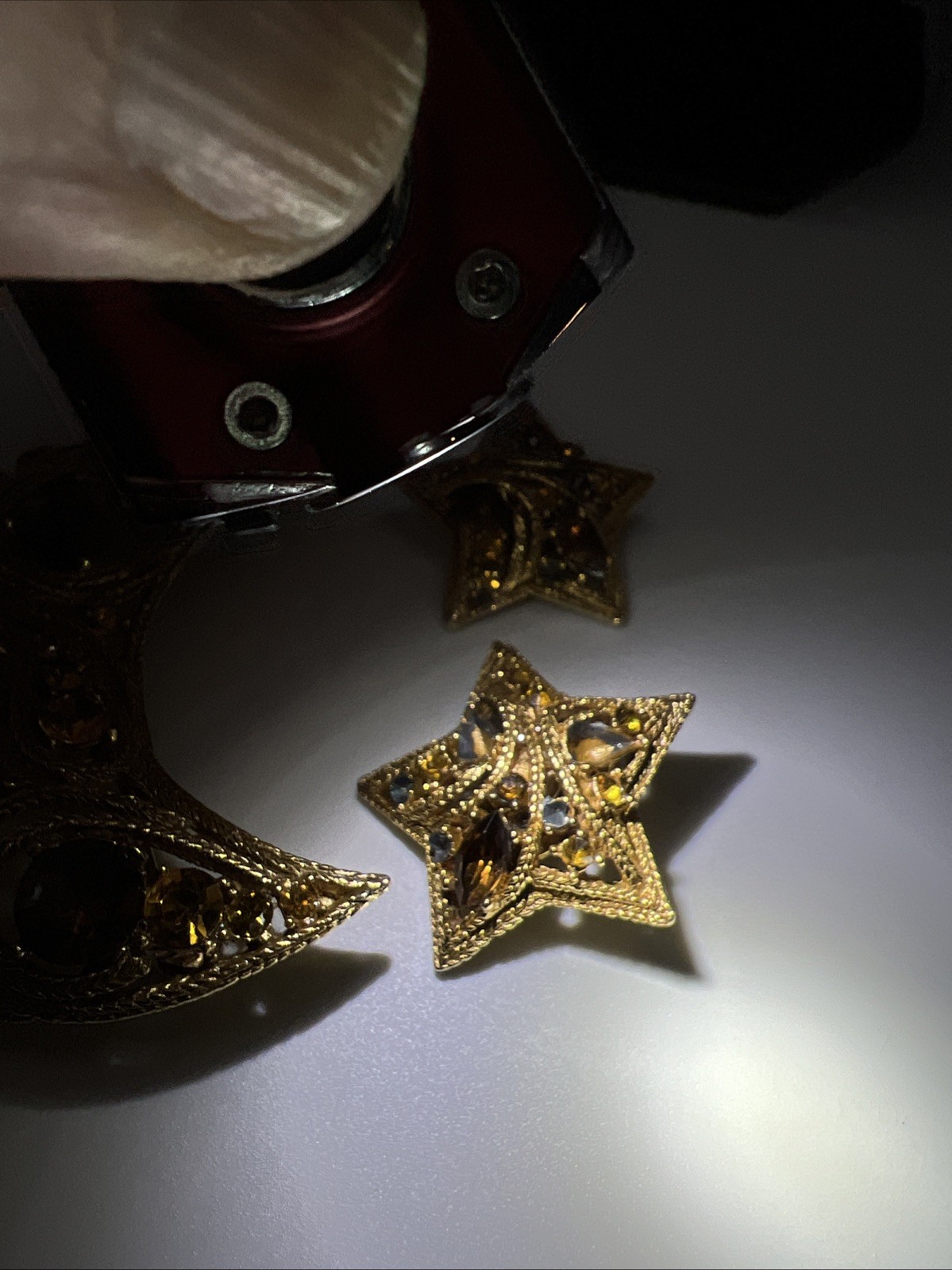 Vtg La Roco Paisley Crescent Half Moon Brooch & Star Earrings Witchy Dark Amber