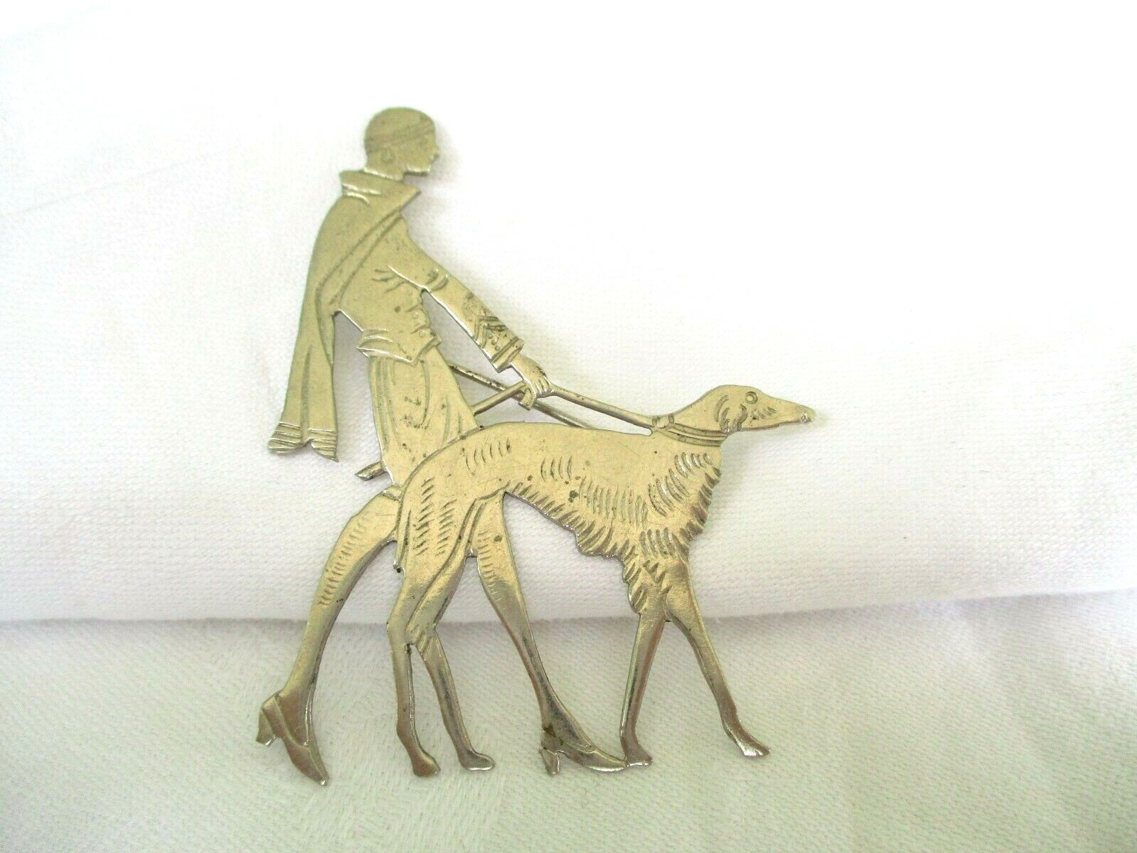 RARE Vogue ART DECO 1920s Vintage CHROME Lady Walking DOG Brooch PIN