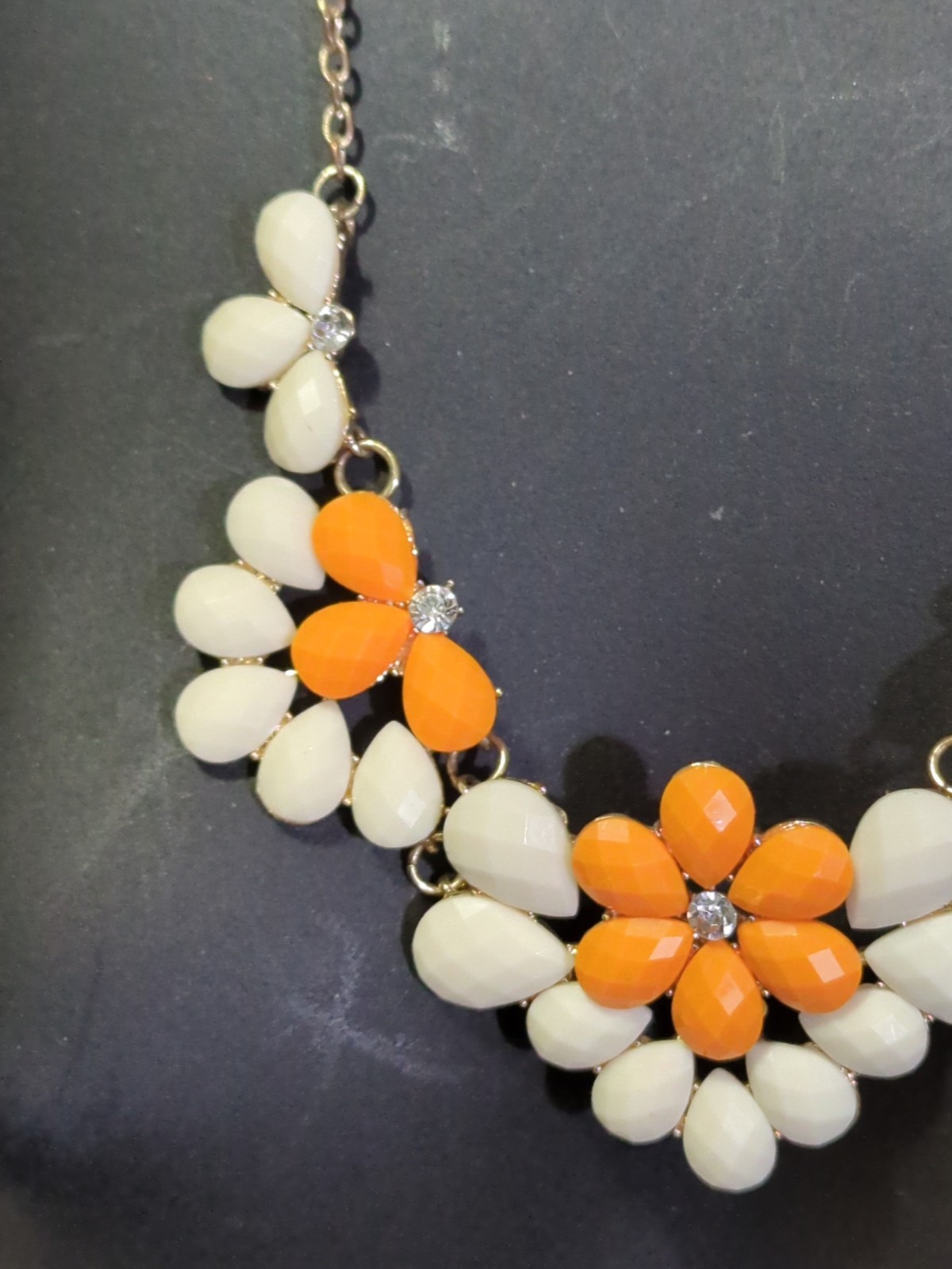 BIB Gold tone Orange & Cream with Rhinestones Scoop Necklace Vintage 70s