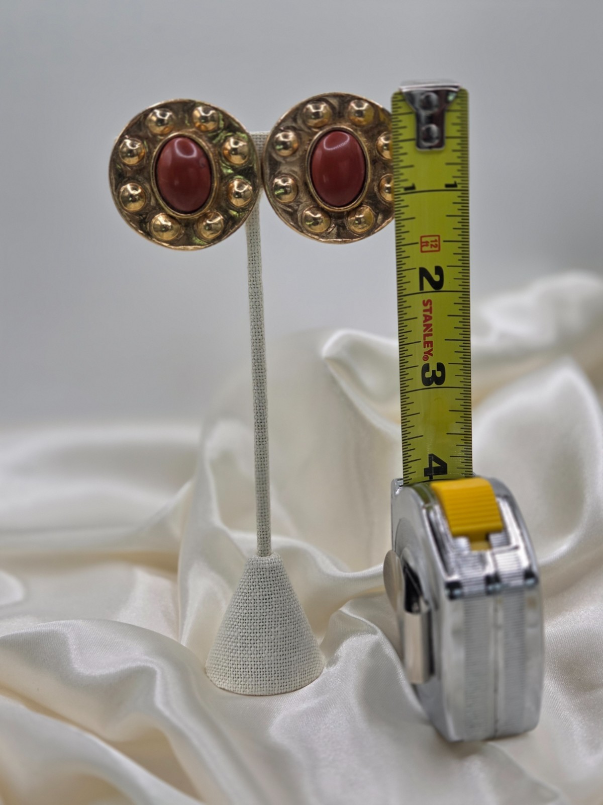 Vintage Dauplaise Round Gold Tone Clip Earrings with Brown Cabochon