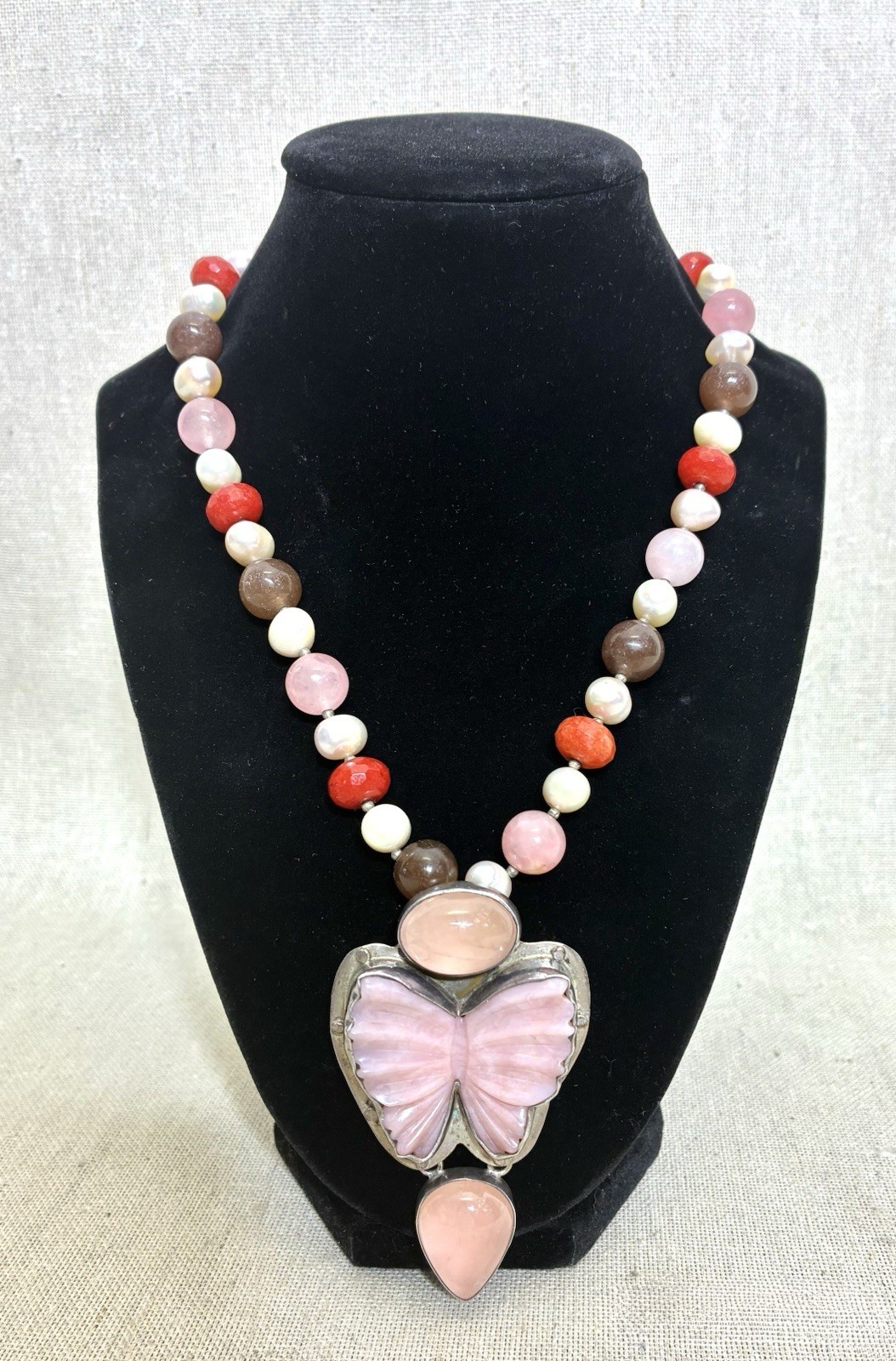 Sterling Silver AKR Amy Kahn Russel Rose QuartsButterfly Pendant Brooch Necklace