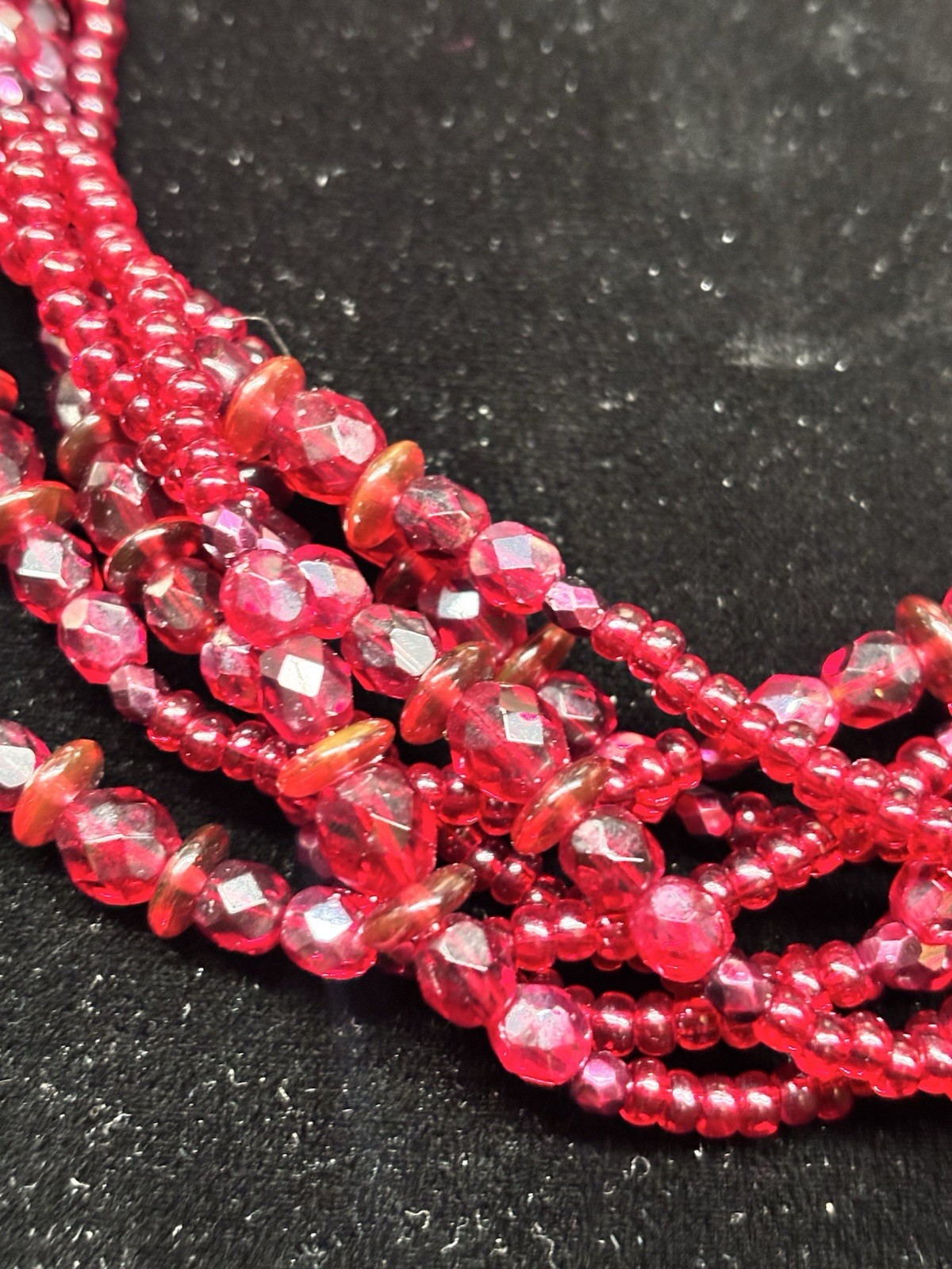 Vintage Lovely Ruby Red Crystal Glass Beads 8 Strand Necklace Adj 16-18 “