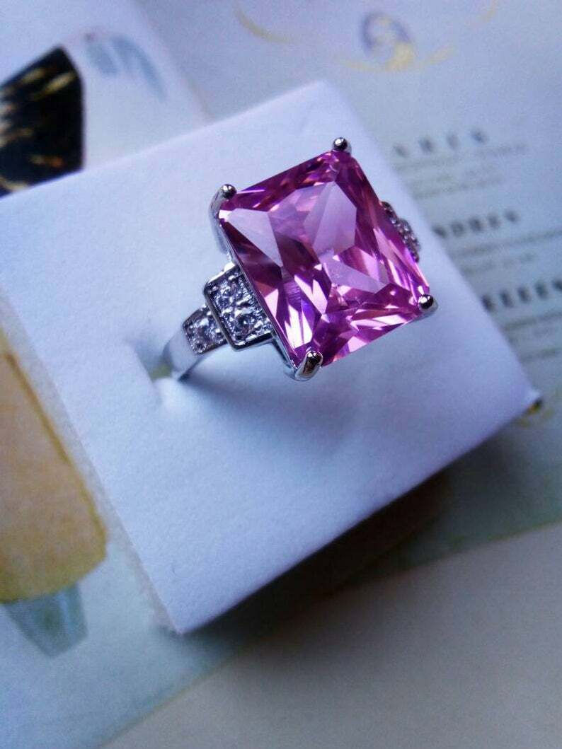Stunning Art Deco Vintage Sterling Silver Radiant Square Rose Quartz 9.CT Ring
