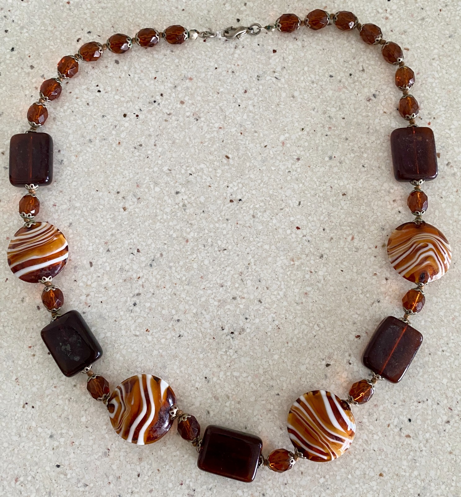 Vintage Murano Style Glass Necklace Glass Beaded Statement Brown Signed RS 19″