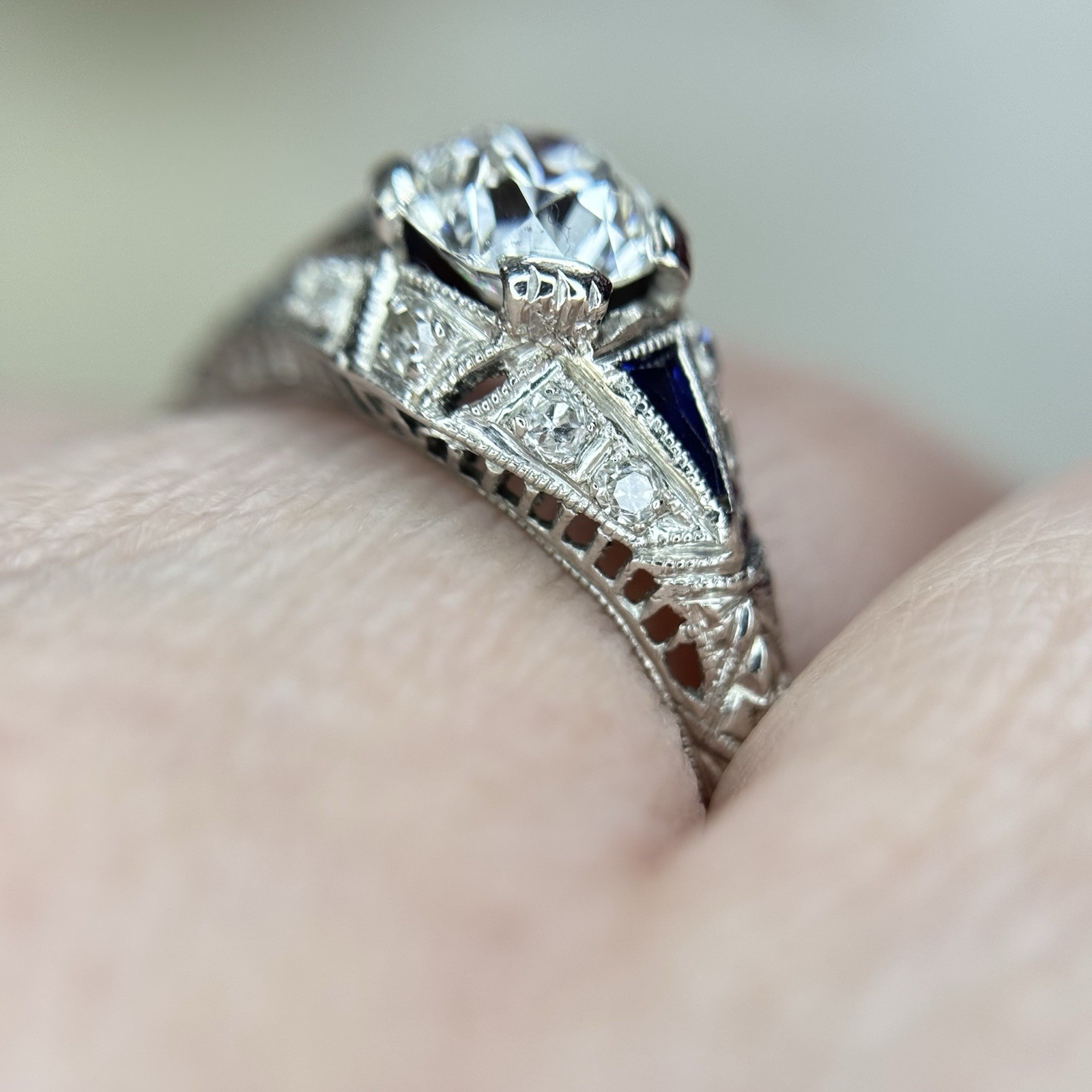 Art Deco Old European Cut Diamond Sapphire Engagement Ring
