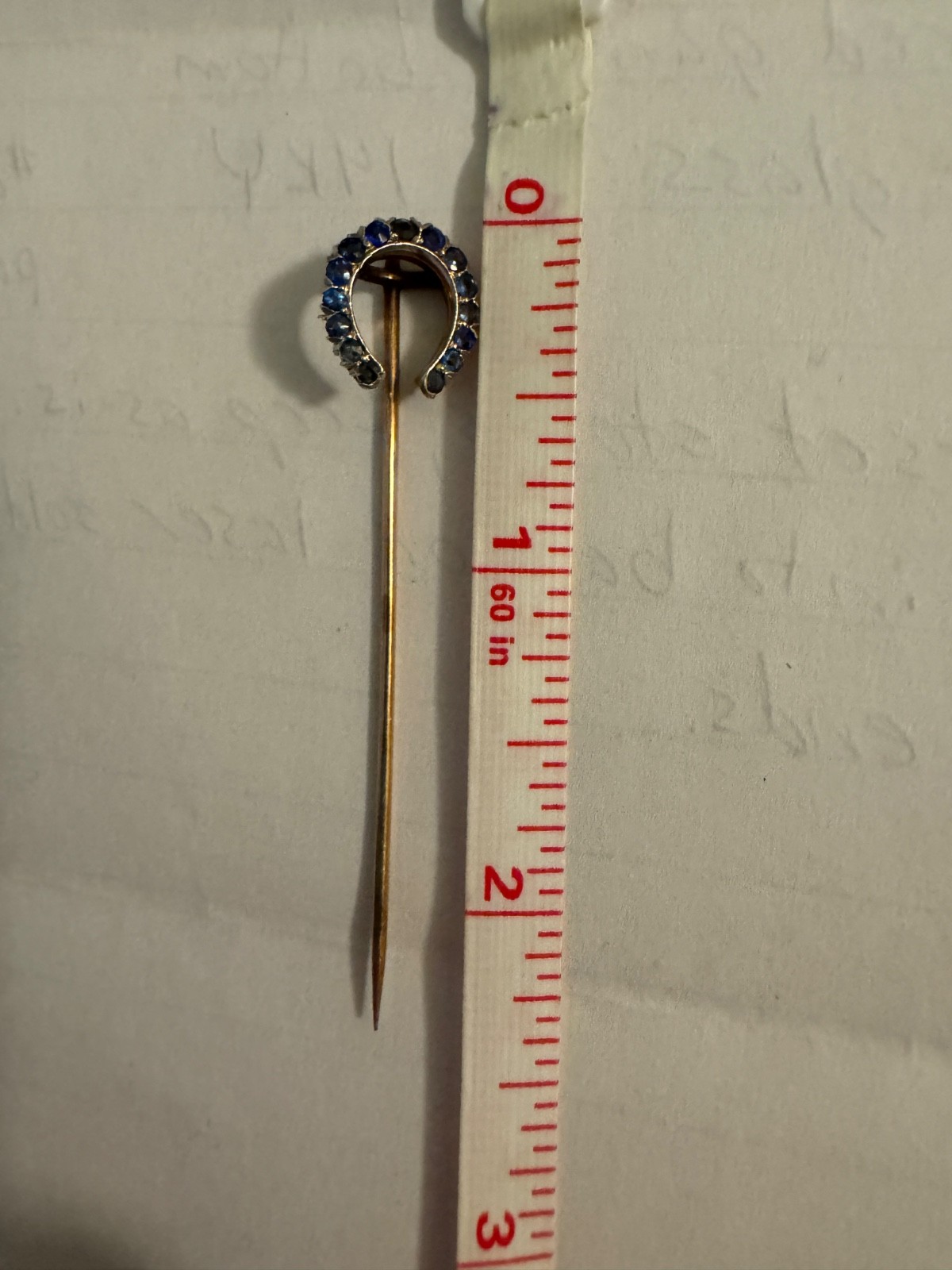Antique 14K Y Gold Horseshoe Stick Pin w/ red garnet and blue glass 2.1 grams