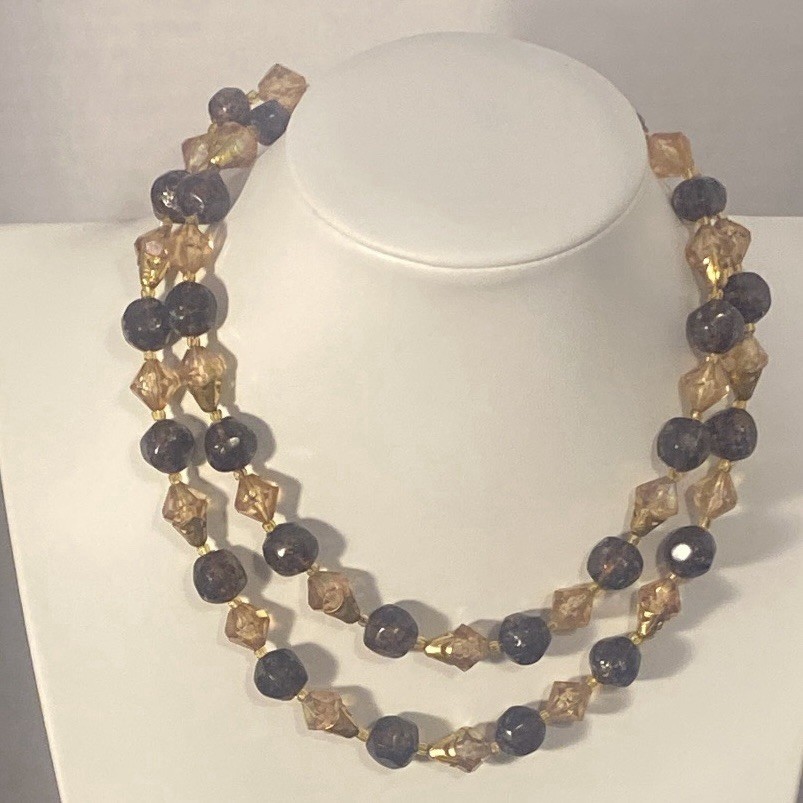 Vintage Double Strand Necklace Faceted Acrylic Beads With A B Coating 14-16”