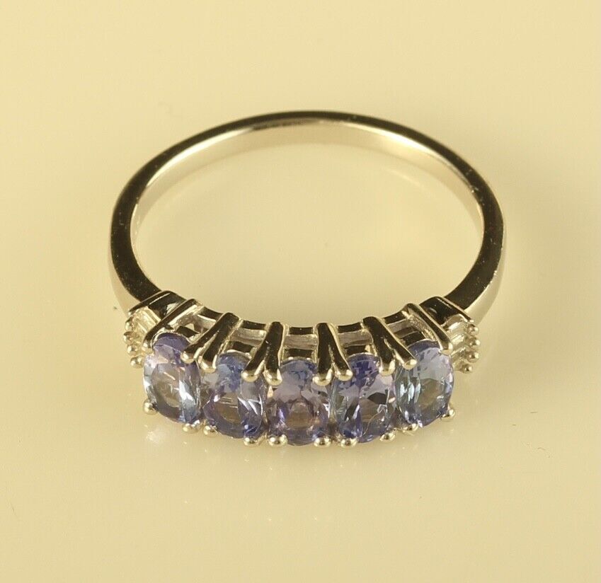 Vtg Signed Sterling D’Joy 5 Stones Tanzanite Channel Diamond Accent Ring 7 1/4