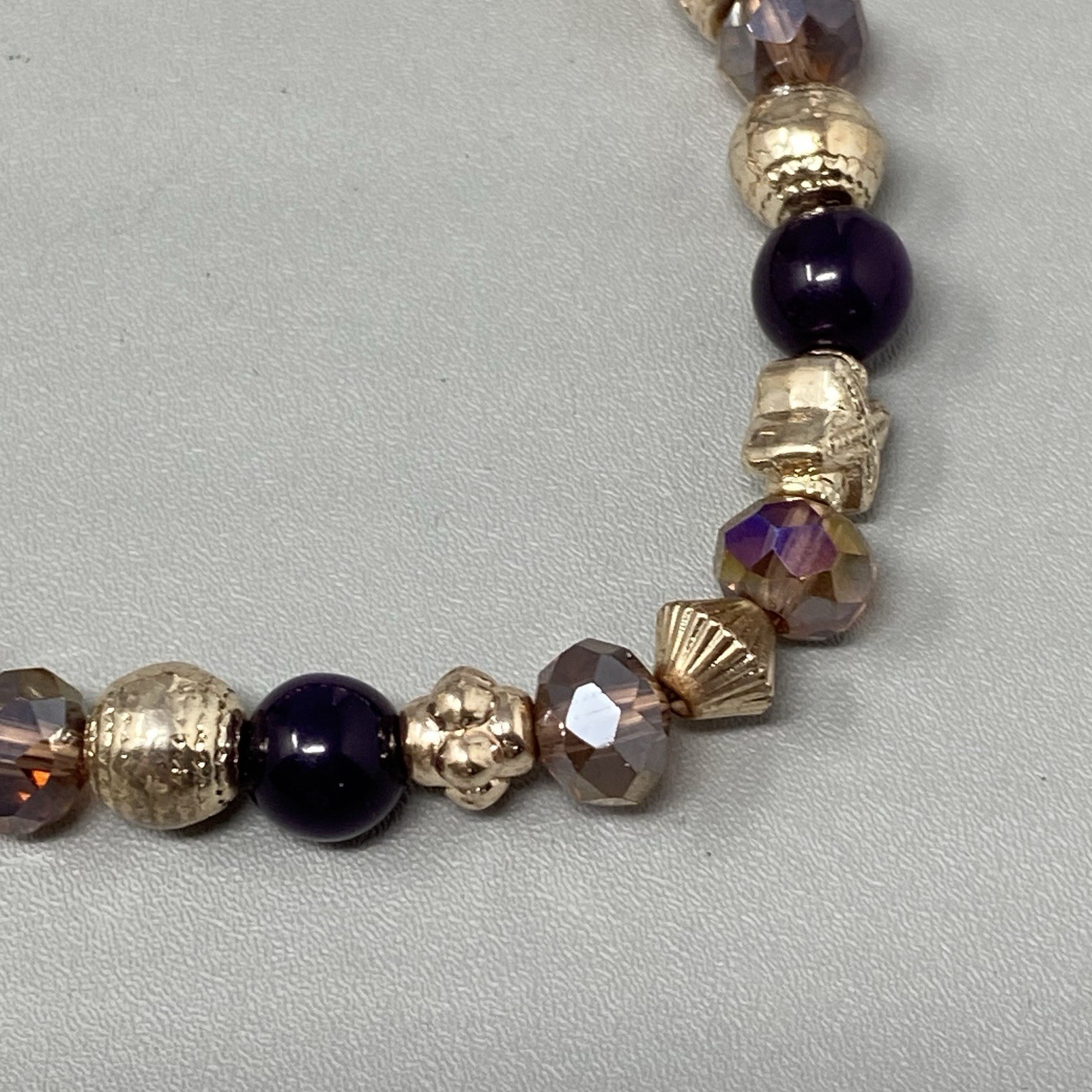 Glass Beaded Bracelet Pink Purple Faceted Fire Polished Acrylic Gold Tone 6.5″
