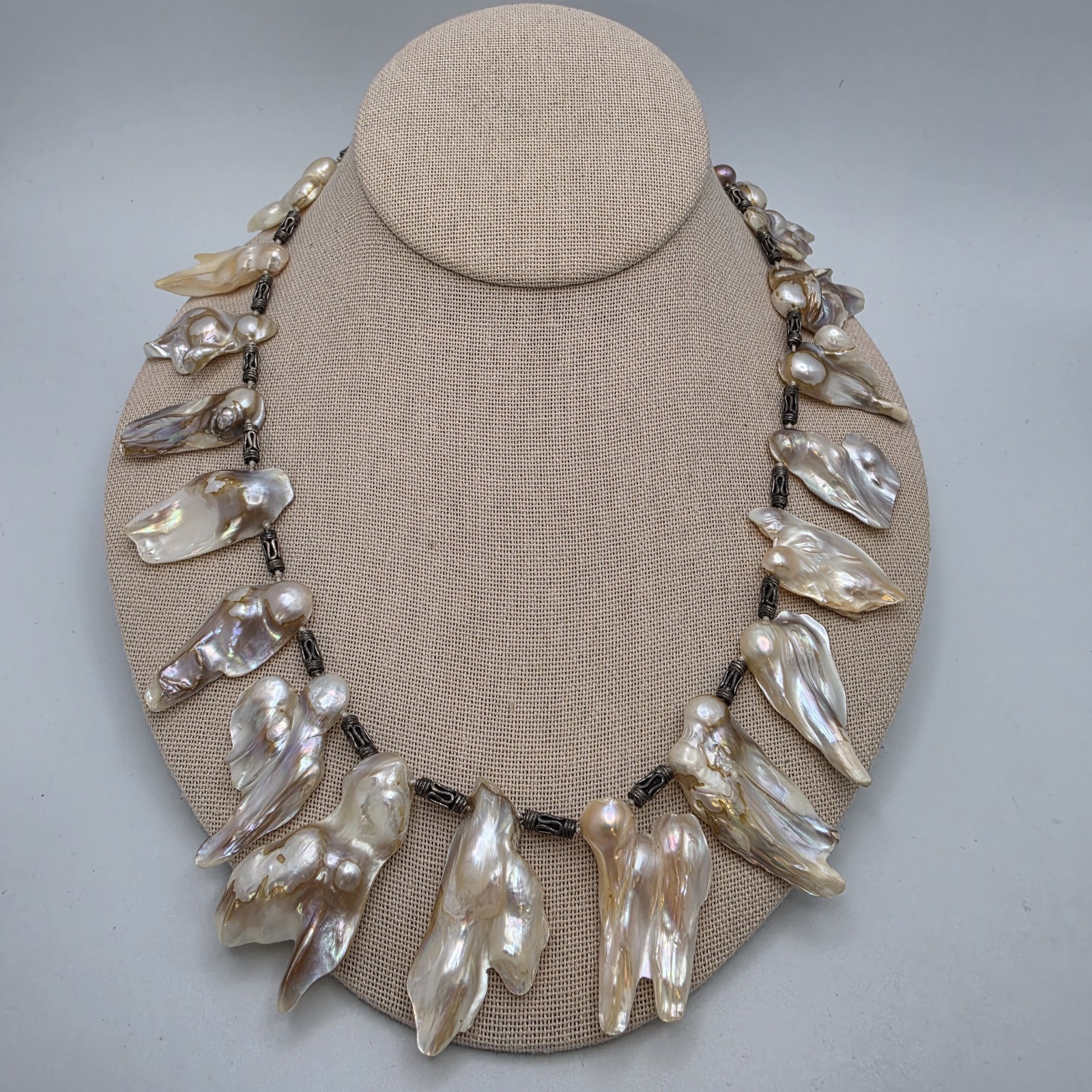 Vtg Blister Pearl Shell Necklace Statement Fringe Sterling Bali Bead