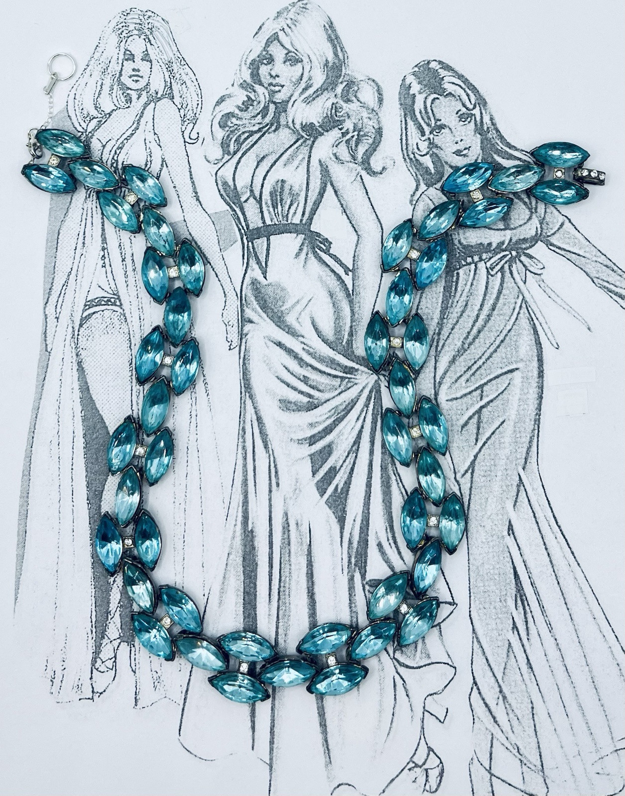 Vintage Aqua Rhinestone Pot Metal Rivière Necklace Not Signed