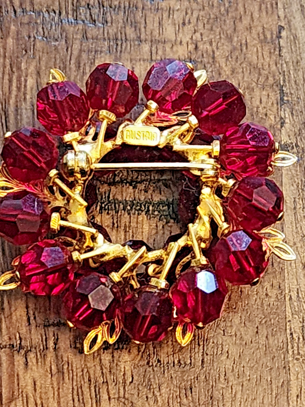 Austria Brooch w/ Red Beads and Gold Tone Filigree Leaf Accents