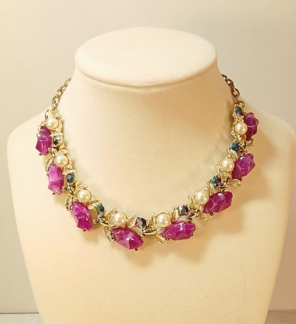1960s Choker • Purple Lucite Cabochons, Blue AB Stones, And Faux Pearls