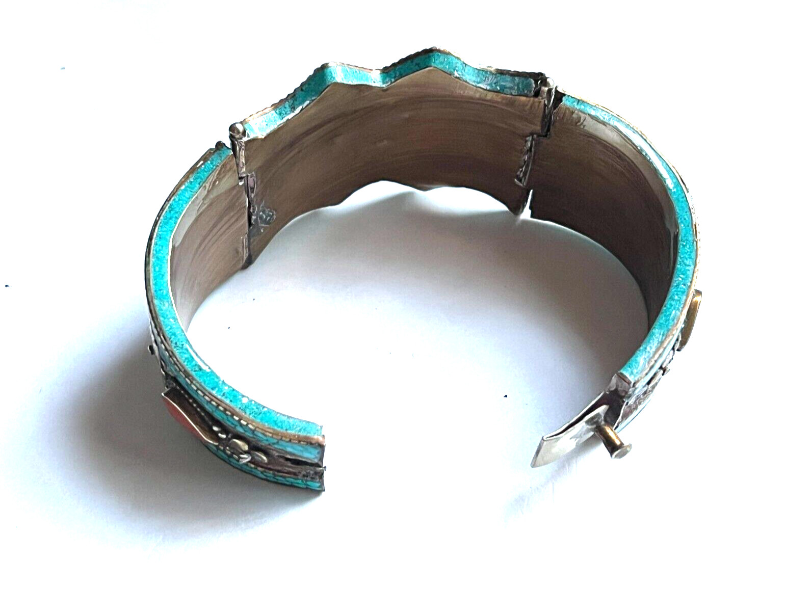 NEPALESE VINTAGE PRE OWNED TURQUOISE CORAL SILVER PLATED HINDGE BRACELET