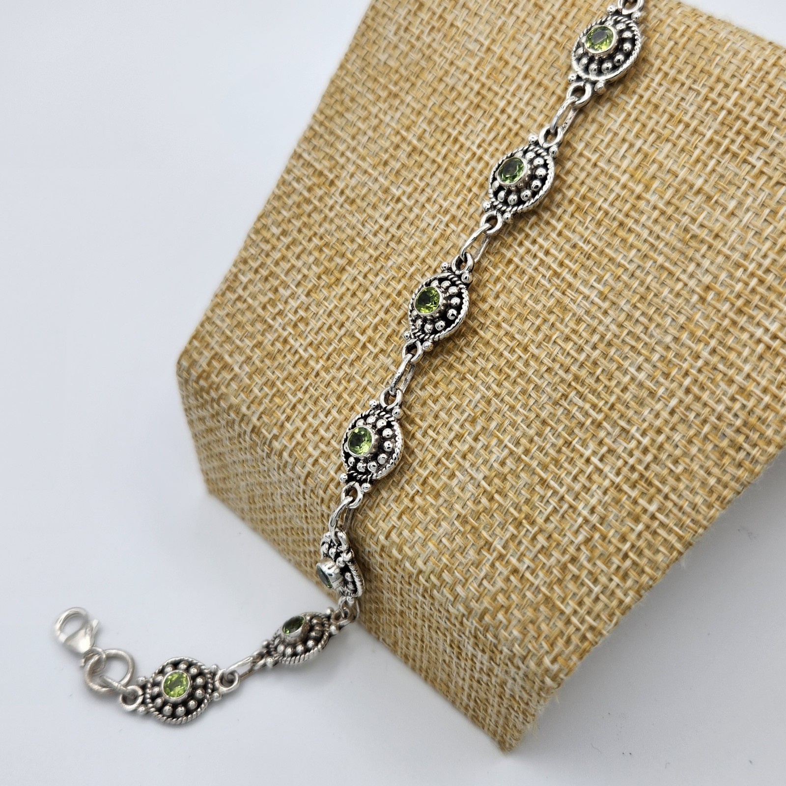 Peridot Bracelet Sterling Silver Bali Link Green Gemstone 925
