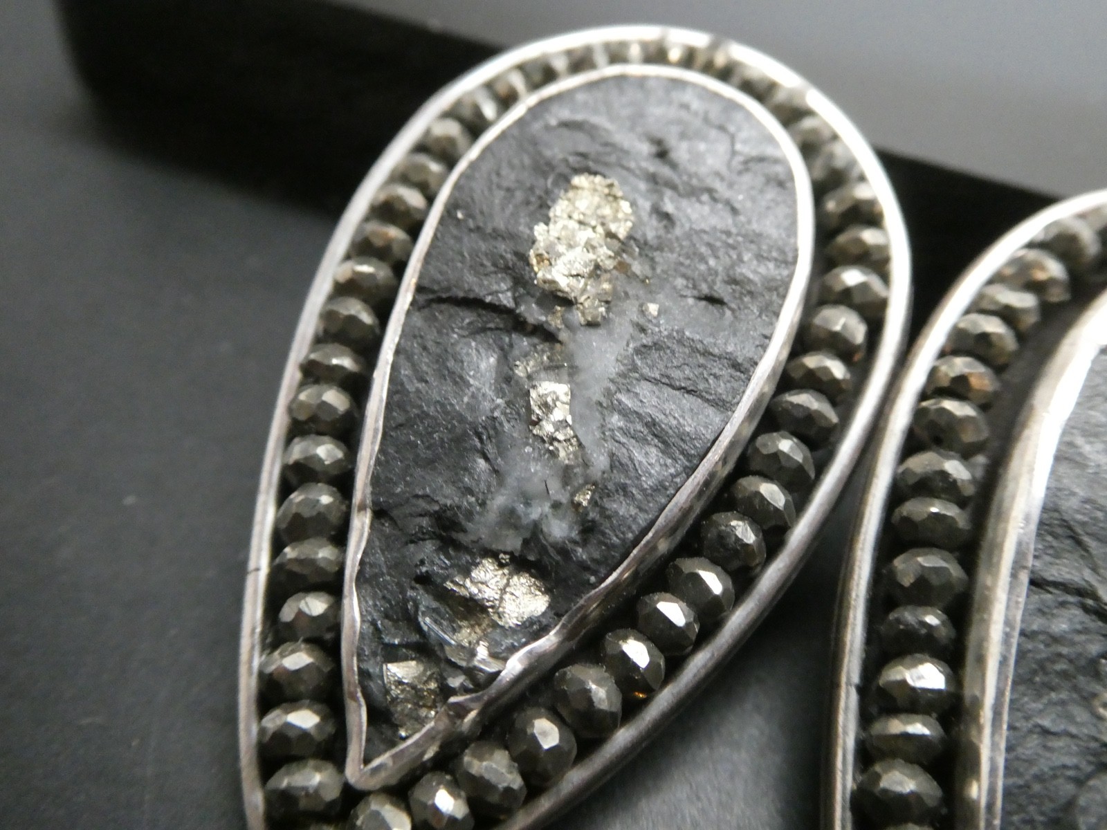 Amy Kahn Russell AKR Pyrite Gemstone Modernist Sterling 925 Clip On Earrings