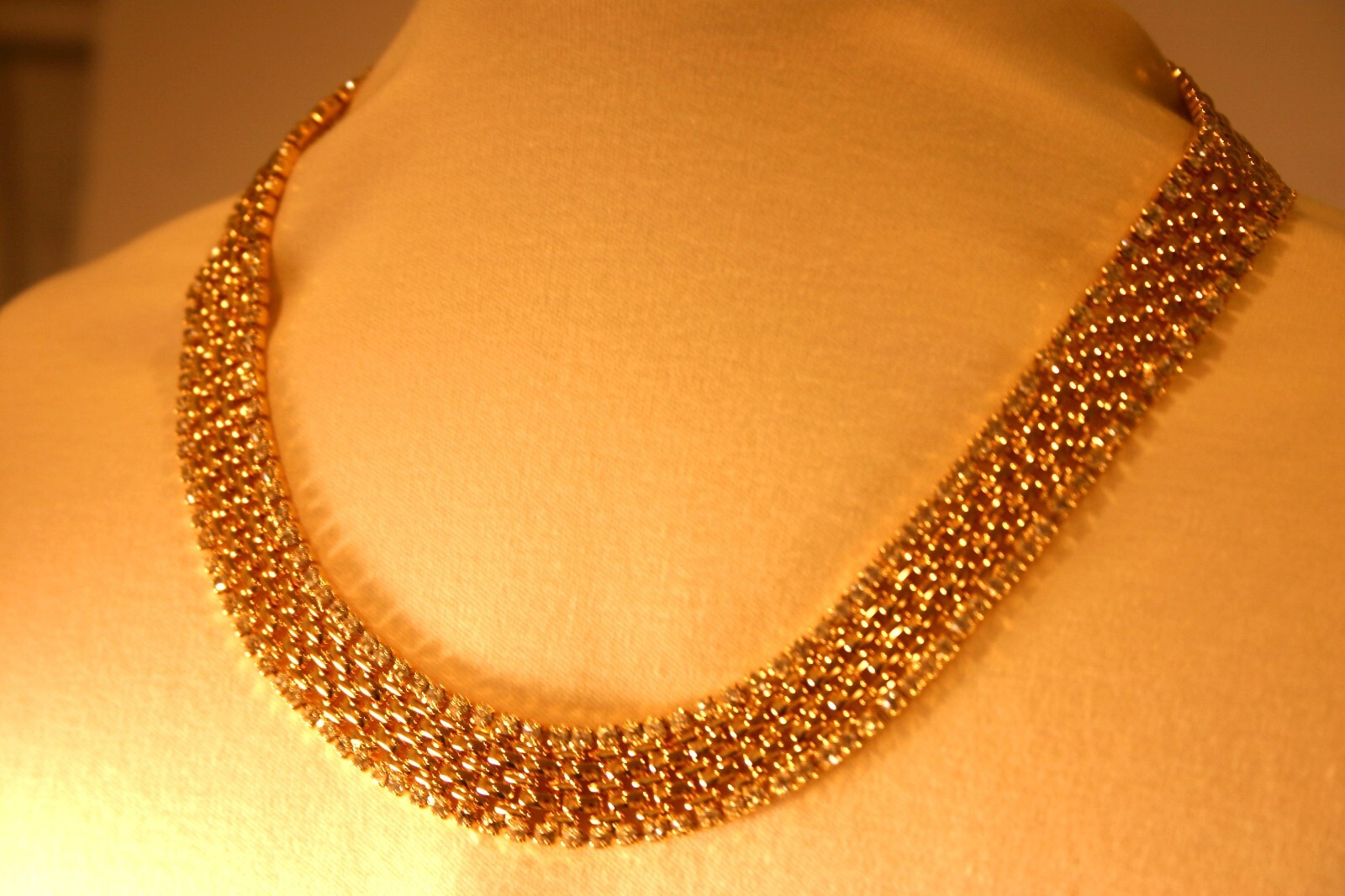 Vintage Kenneth J. Lane Bright Gold Tone Collar Necklace Rhinestones 90’s