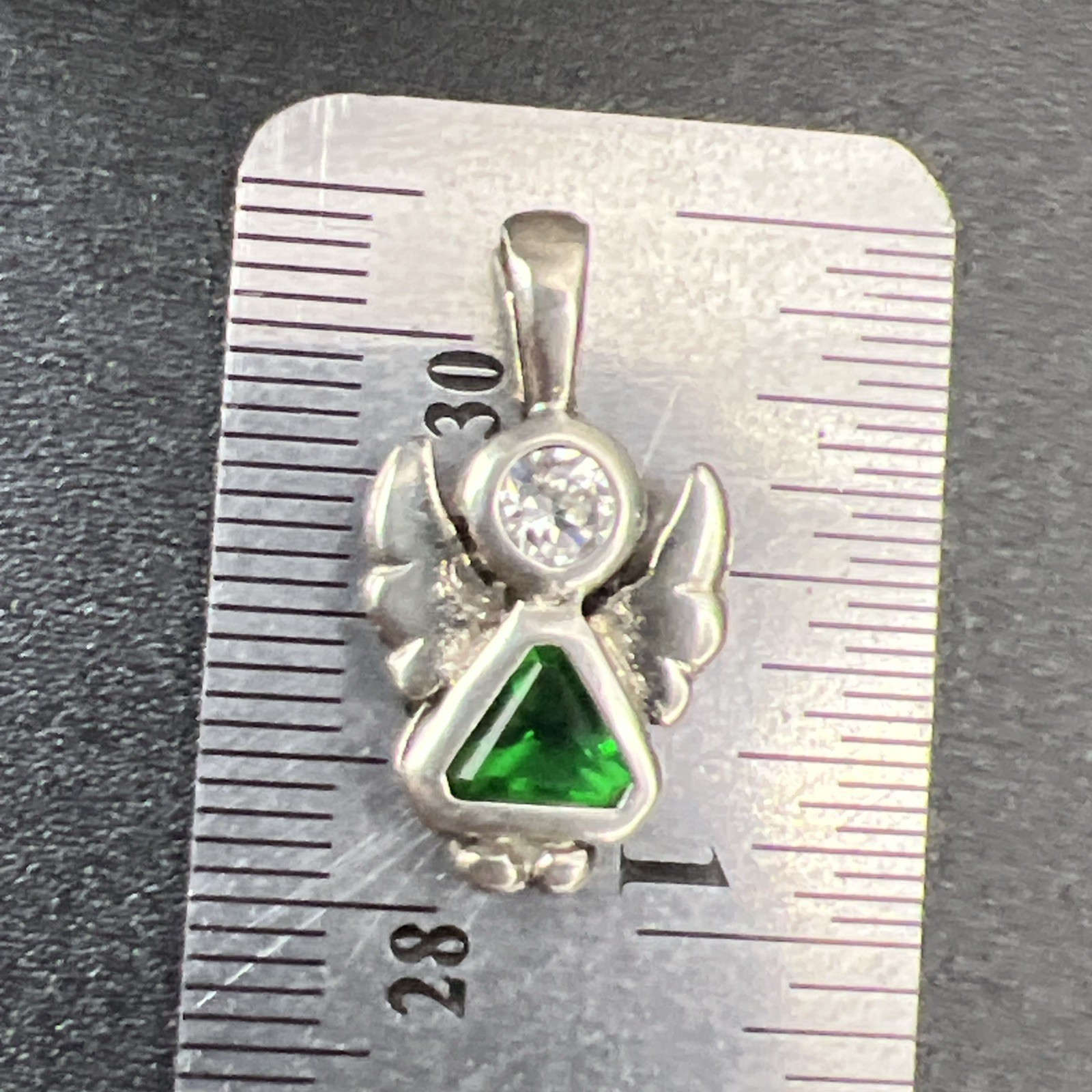 925 Sterling Silver Angel Pendant ~ May Green Birth Stone Girl Woman VTG 1” 2.1g