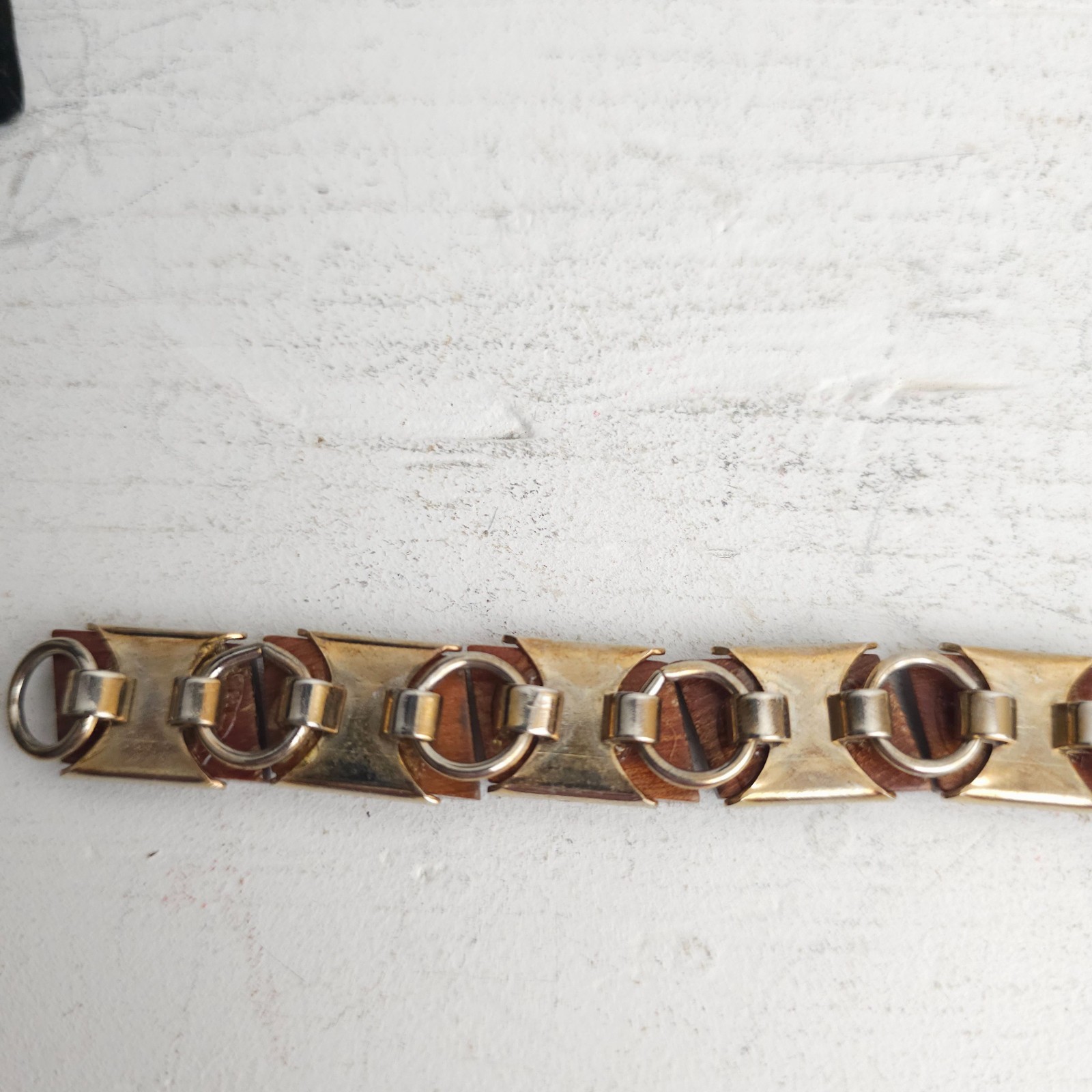 Vtg Modernist MCM Wood Tile Link Bracelet Boho 1960s 70s Earthy Natural Minimal