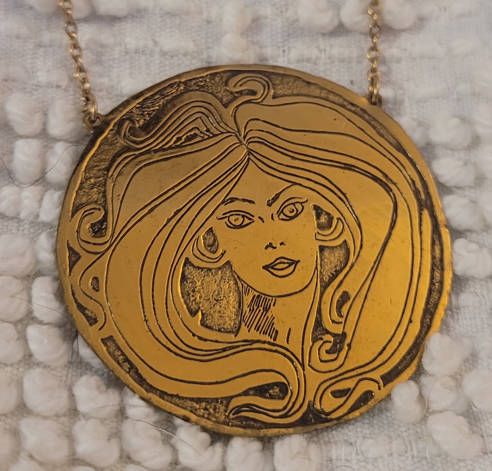 Vintage 70s Handmade Artesian Brass Gold Girl Necklace Groovy Hippy Best ’79
