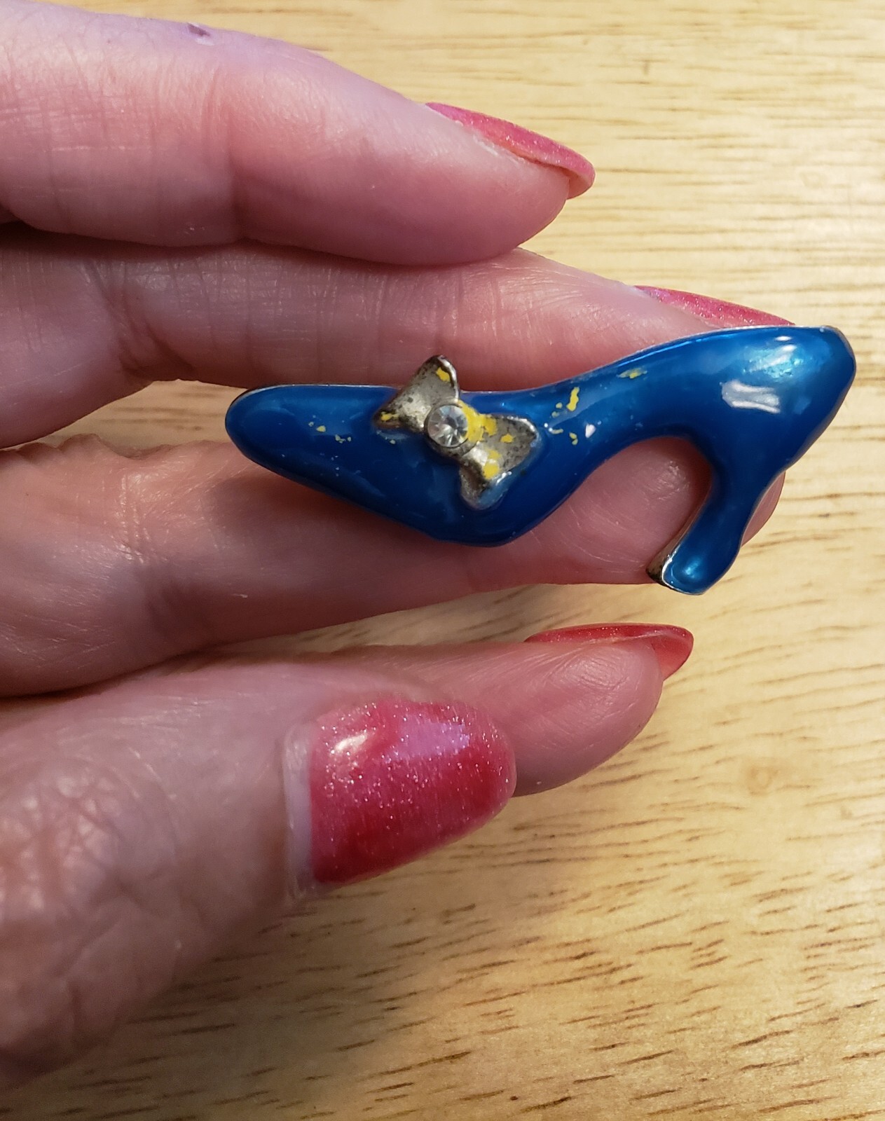 Vintage, High Heel Shoe Pin with Blue Enamel & Rhinestone Bow 1 1/2” across