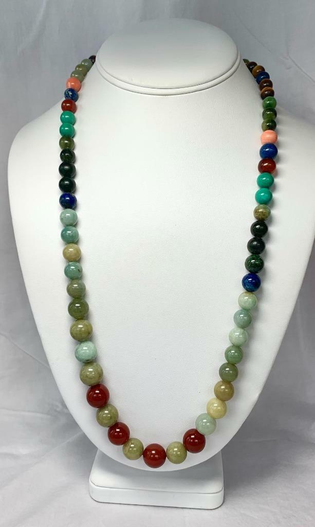 Jade Carnelian Lapis Malachite Tiger’s Eye 14 Karat Gold Necklace Dog Clip Clasp