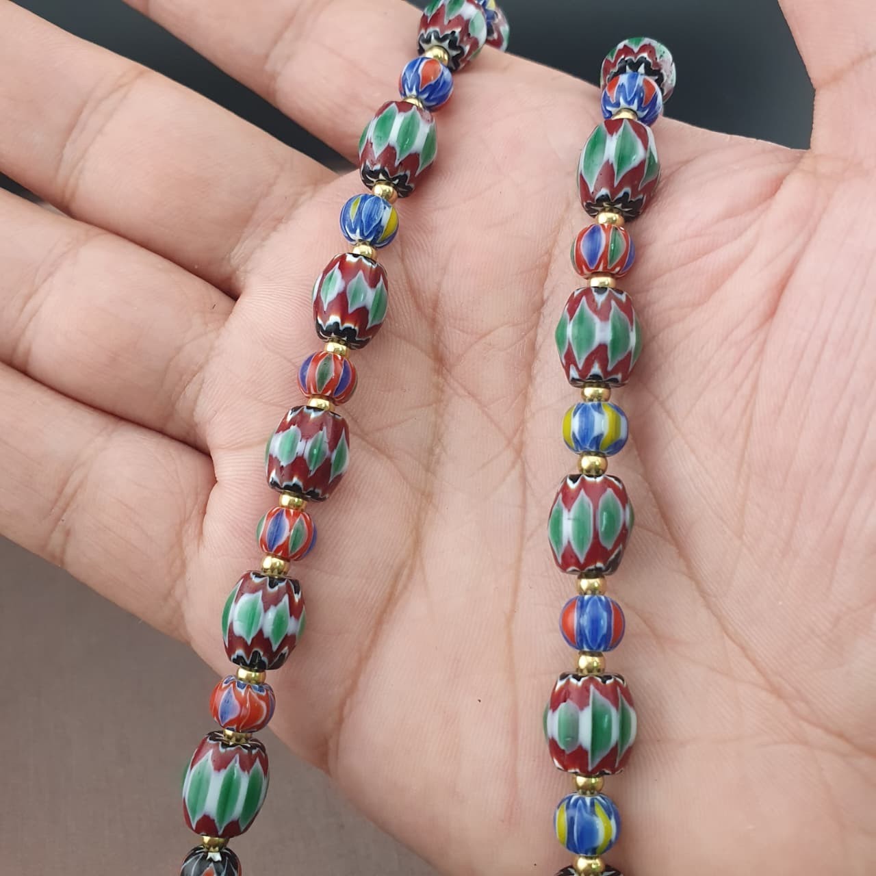 Vintage Venetian Style Multicolor Chevron Glass Beaded Necklace | 24in 8.7–39mm