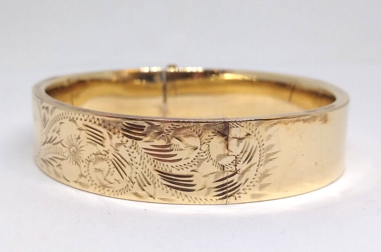 Vintage, Daniel S. Rine, 14K, Yellow Gold, Wide, Hand Engraved, Bangle Bracelet.