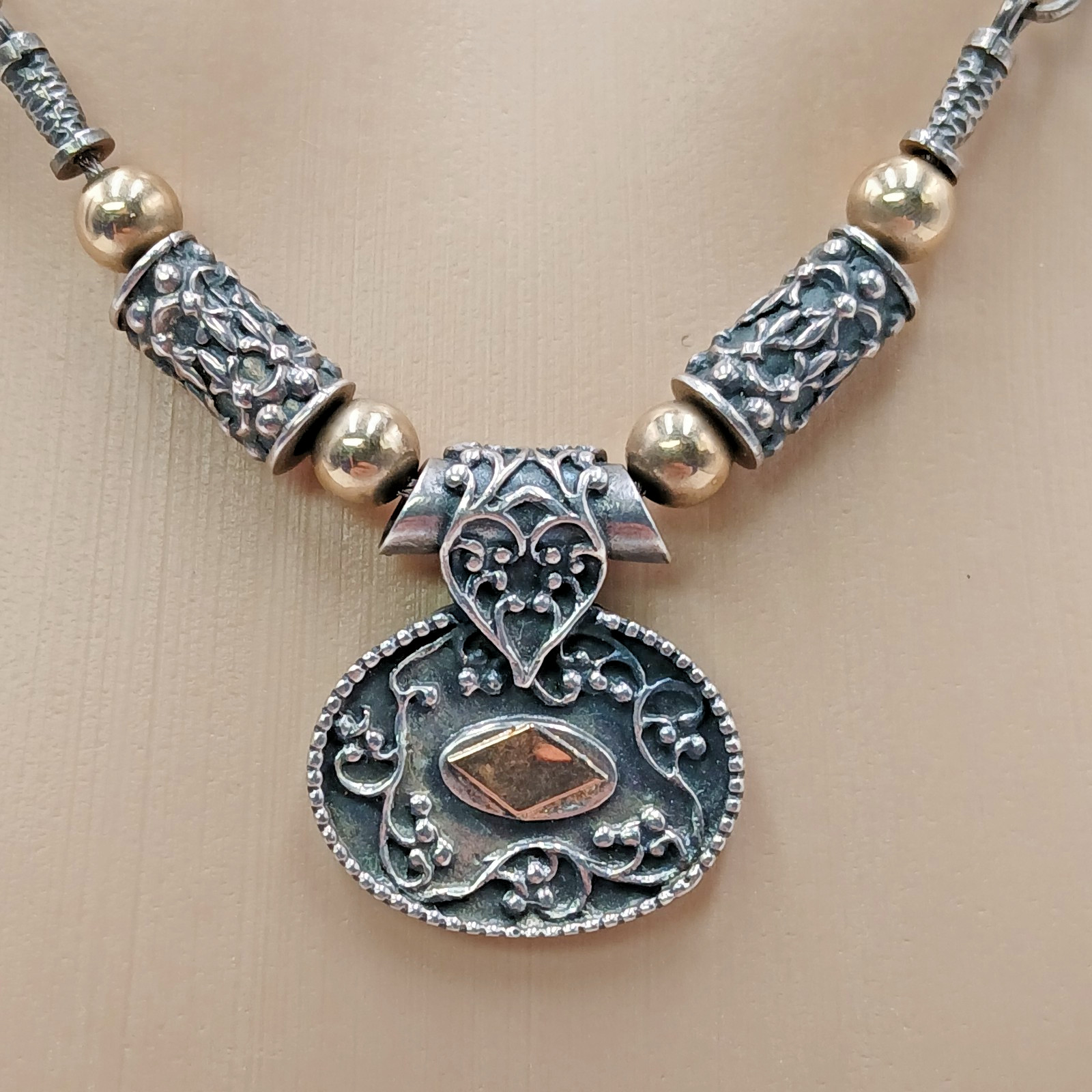 14K 925 Zanfeld Necklace 16in Sterling Silver Gold 24g tw Taxco Mexico Estate