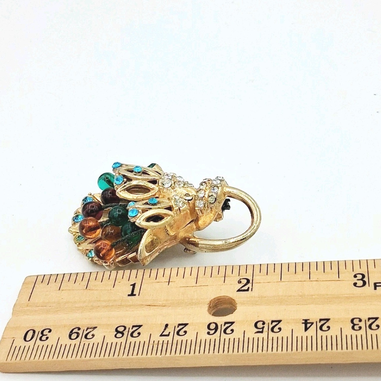 Vtg 1950s Rhinestone Lucite Bead Floral Bouquet Brooch Gold Tone Midcentury Glam