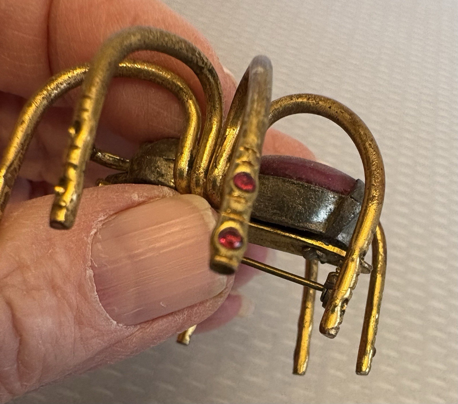 Art Deco Antique Spider Brooch Insect Bug Jewelry Red Plastic Rhinestones READ