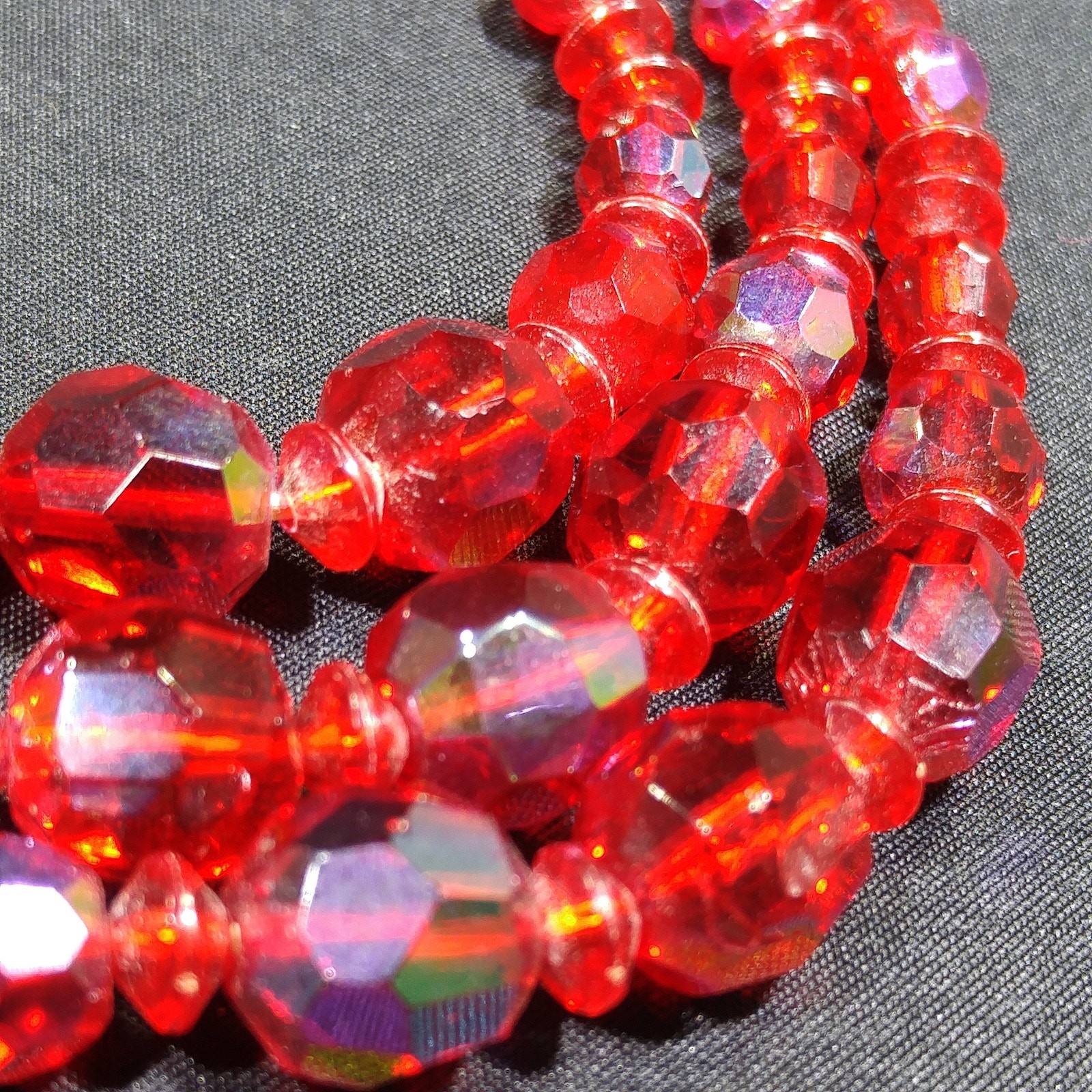 Vintage Czech Red Glass AB 3 Strand Necklace Earrings Set 1950s