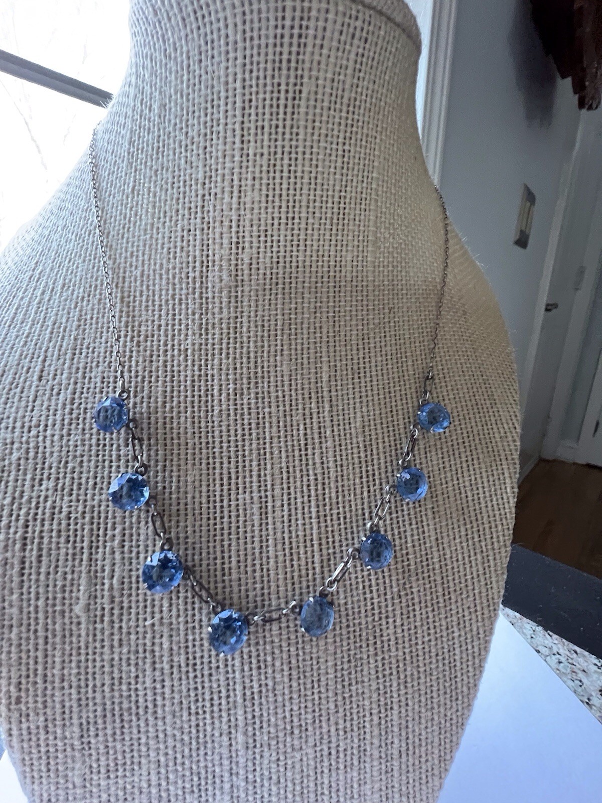 Antique Art Deco Sterling Silver Bezel Set Blue Crystal Necklace 17 Inches