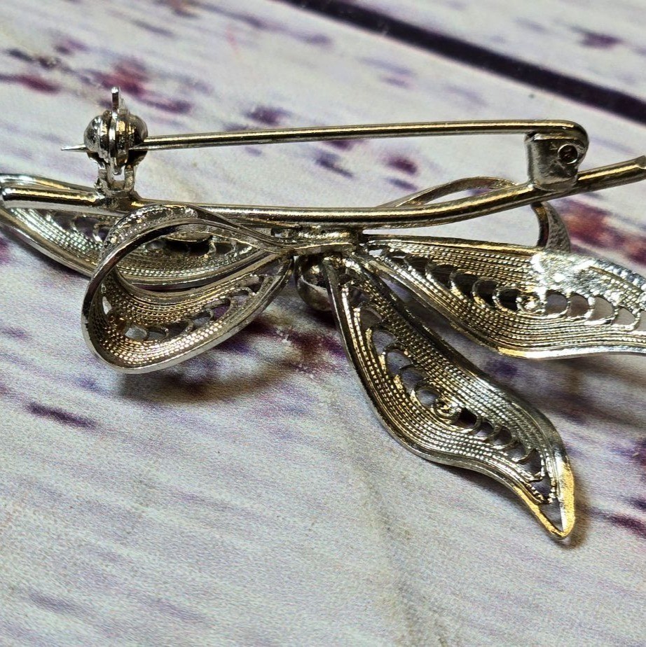 Antique Western Germany1940’s Silver Tone Filigree Bow Pin Brooch Jewelry signed