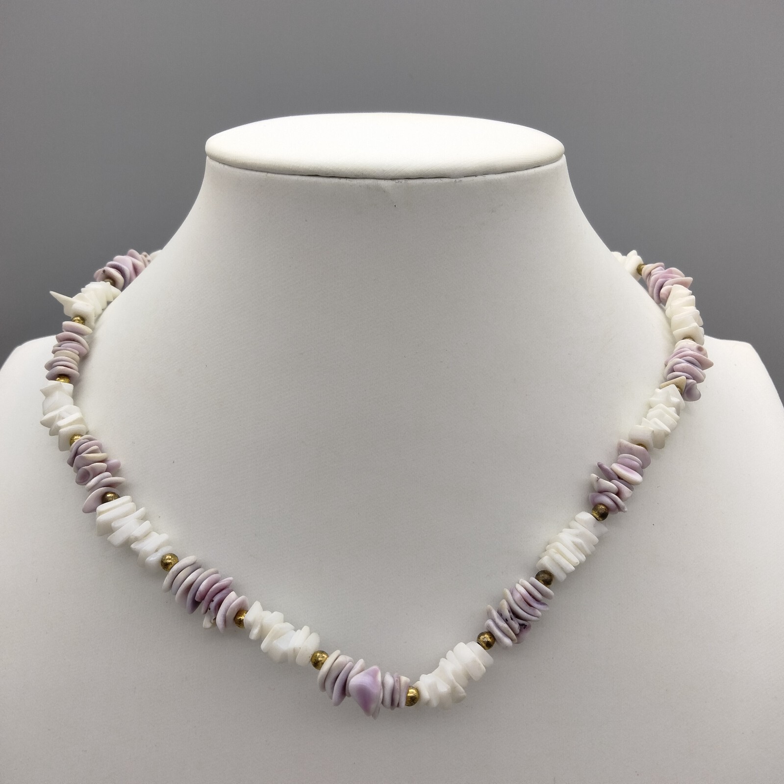 MermaidCore Purple White Puka Choker Necklace Surfer 16″ Gold Tone VTG Beach