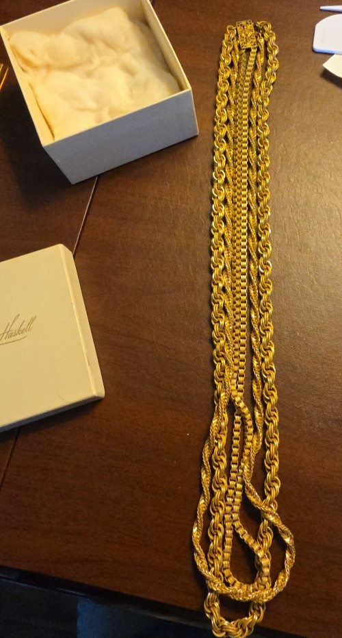 MIRIAM HASKELL MULTI GOLD ROPE CHAIN NECKLACE VINTAGE SIGNED WITH BOX