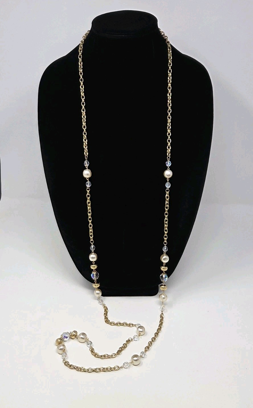 Gold Tone AB Crystal & Faux Pearl Chain Necklace 60 Inches Long Vintage
