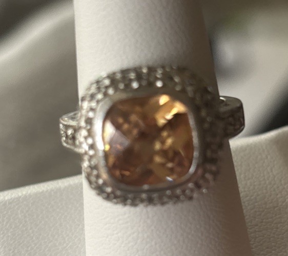 VTG Cushion Cut Citrine Halo Set W/ Rhinestones Silver Ring Size 8 Beauty
