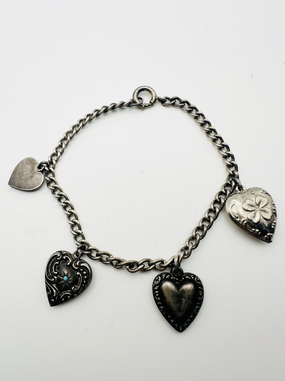 Antique Victorian Sterling Silver Puff Heart Charm Bracelet 7.5”