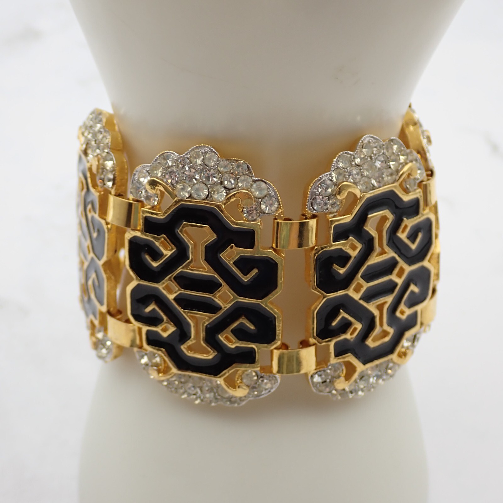 Black Enamel Asian Theme Rhinestone Exceptional Pin Brooch Bracelet Set by OR