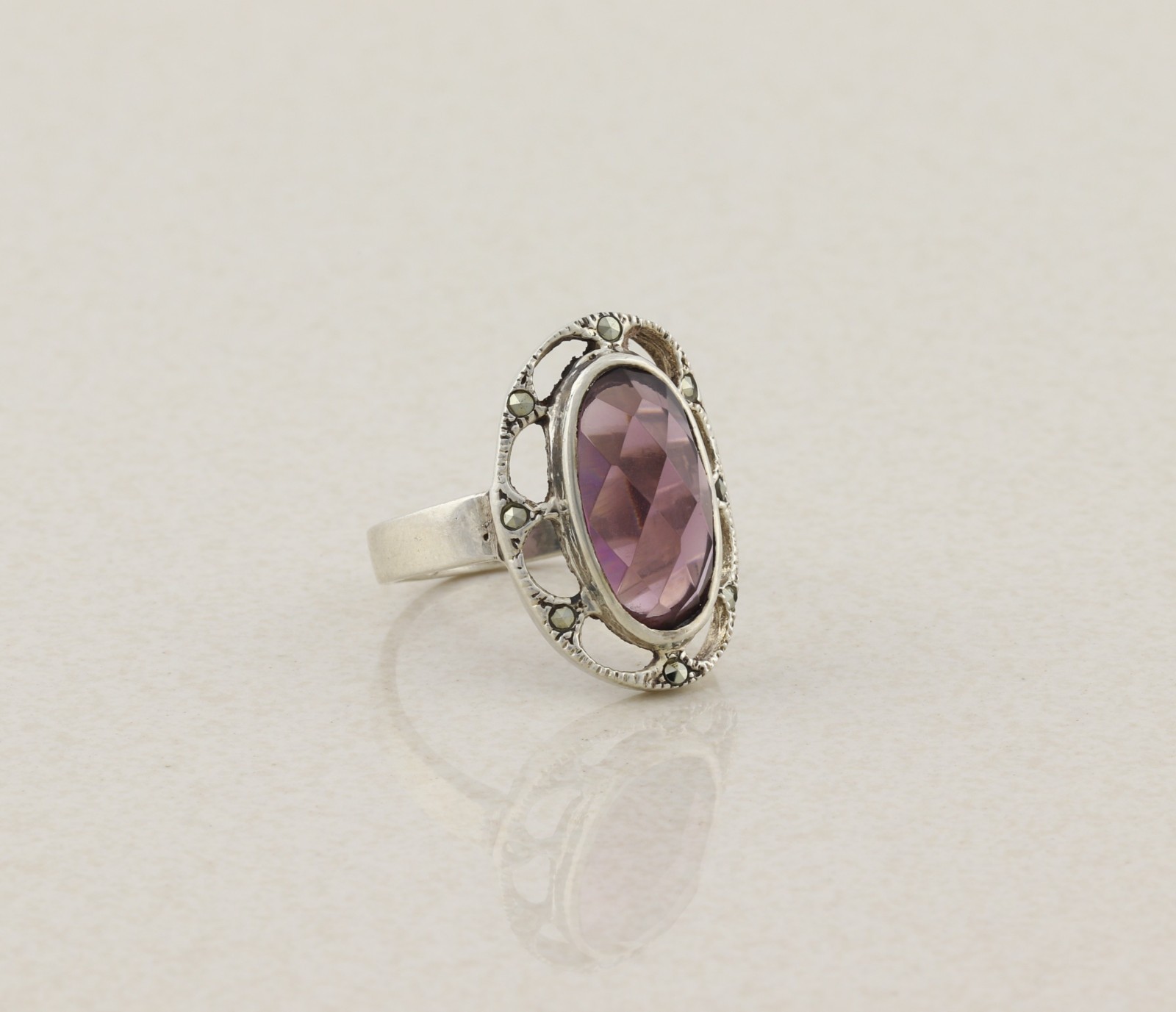 Sterling Silver Cushion Cut Purple Cubic Zirconia and Marcasite Ring Size 8 1/4